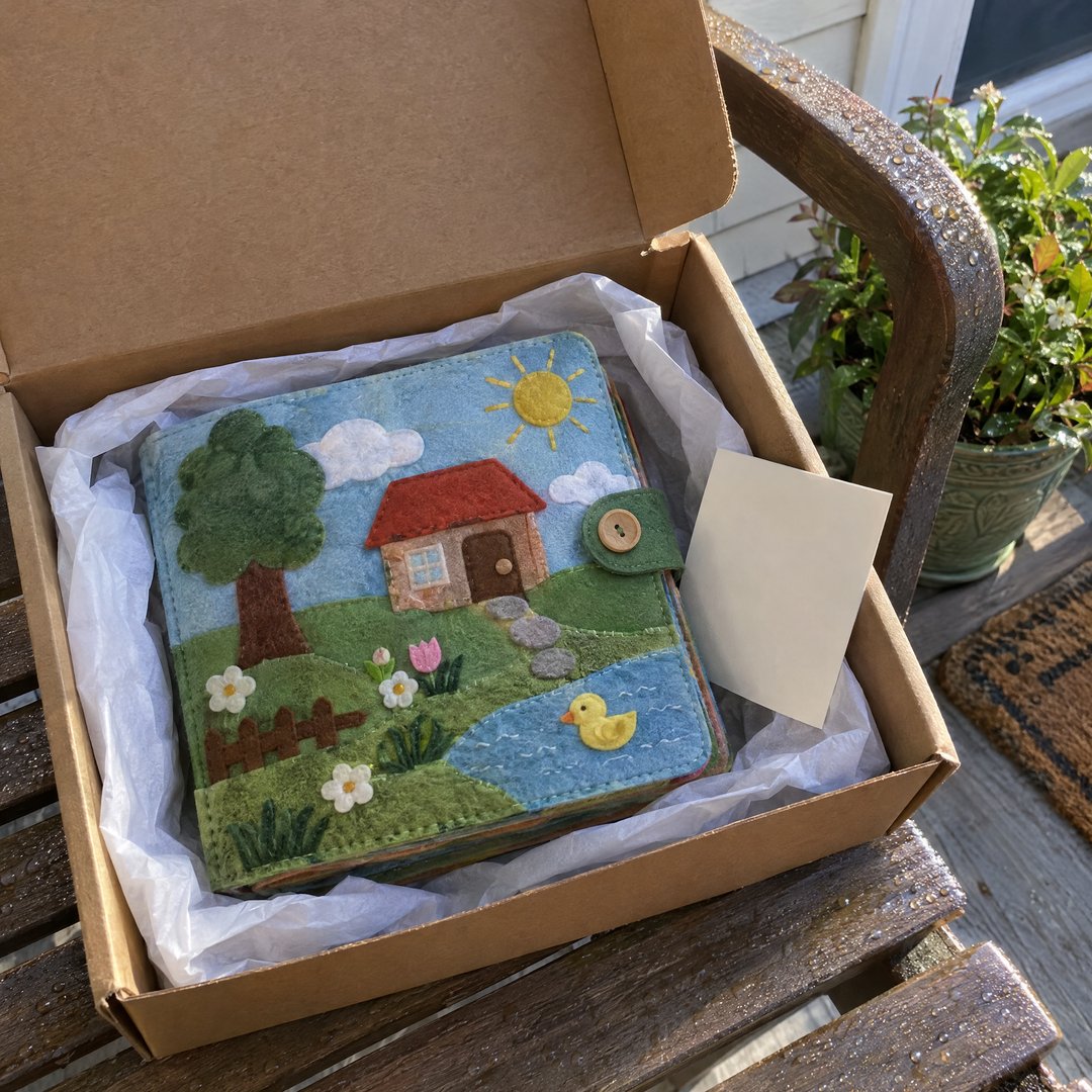 A kraft box with a finished quiet book on a porch